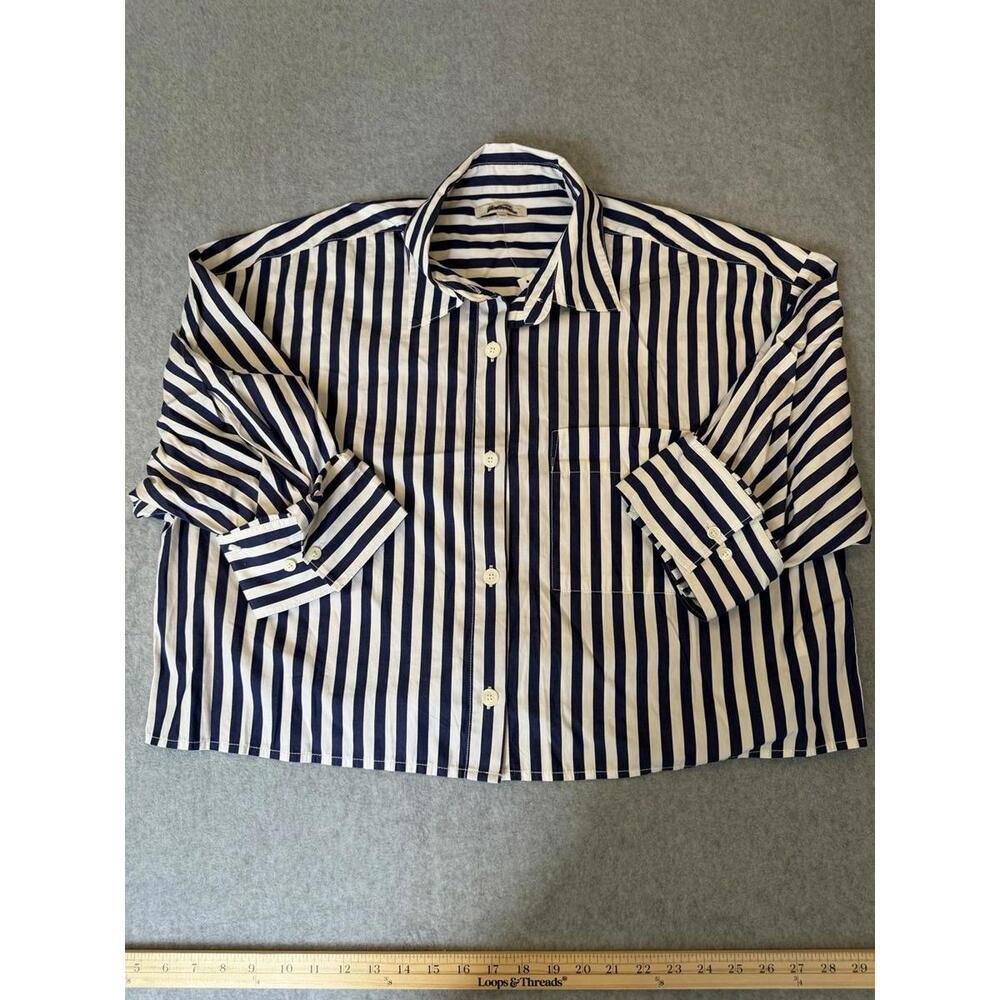 Madewell Poplin Shirt Cotton Blue Stripe Straight Hem Button UpSize Large NWT